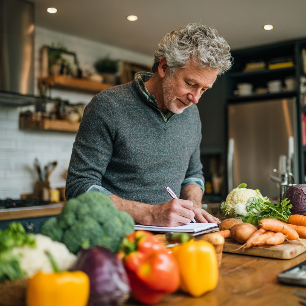 Middle-aged person planning healthy meals with nutritious ingredients on kitchen counter