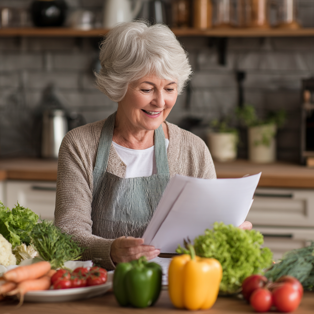 Senior woman reviewing personalized nutrition plan and meal schedule prepared by dietitian
